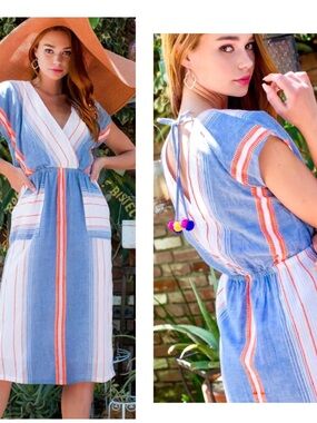 THML White, Blue & Neon Orange Stripe Midi Dress